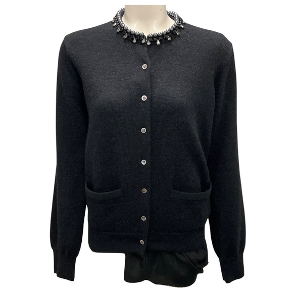 SACAI DARK CHARCOAL GREY PEARL BIJOUX DECORATIVE KNIT CARDIGAN - Picture 1 of 4